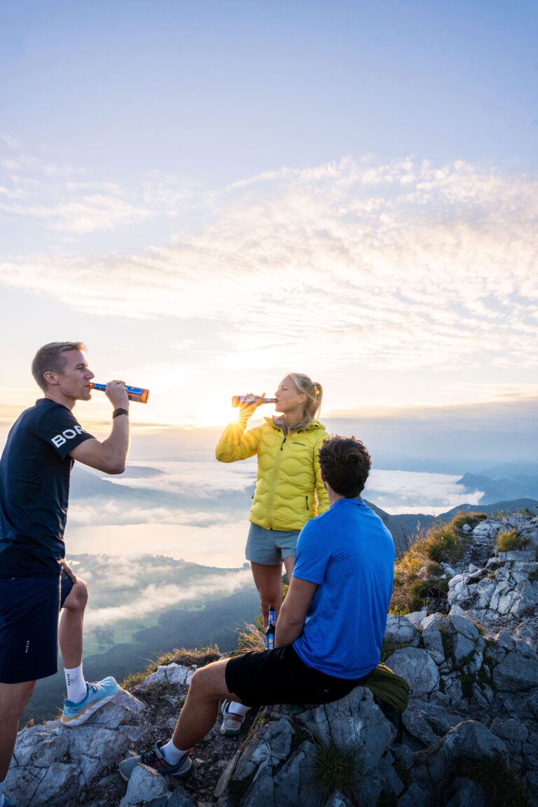 Drei Freunde trinken ein Bier auf einem Berggipfel - Outdoorfotografie - Fuschlsee - Chris Gollhofer